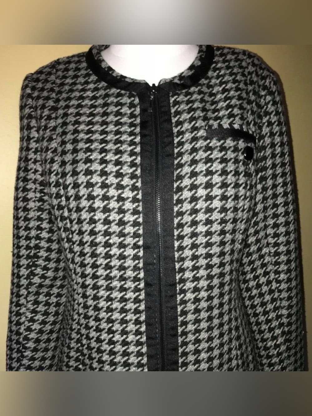 Merona Black Gray Houndstooth Wool mix Zip Front Blazer Jacket